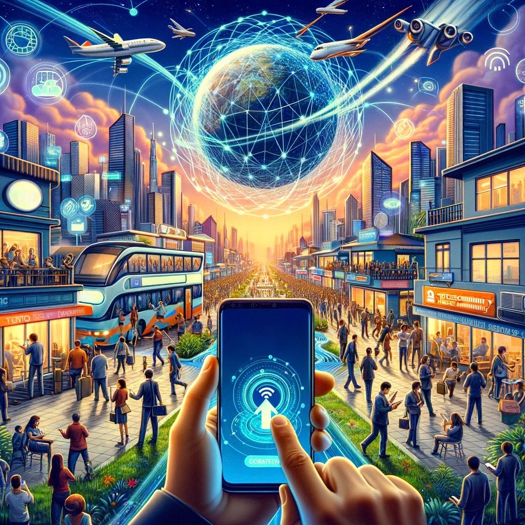  Illustration of a futuristic urban street bustling with activity, with a central figure holding up a smartphone that displays a swirling digital fingerprint, symbolizing connectivity, as trying to register his Dito Sim Number.