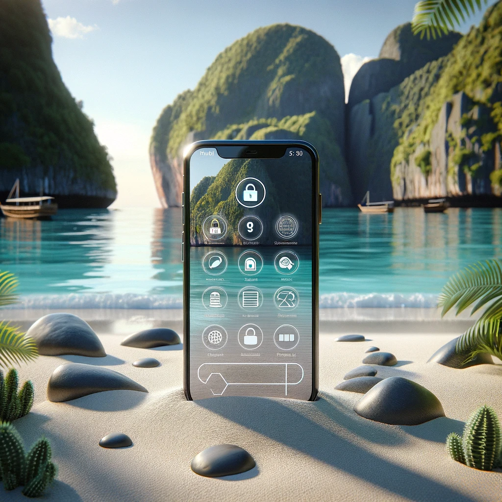 Showing a modern smartphone screen with security and registration icons, set against a beach backdrop inspired by Philippines.
